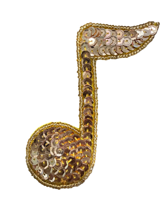 Musical Single Note Appliqué Gold Sequins - Glass Beads  Pre-Glued 3.5" x 2.5"