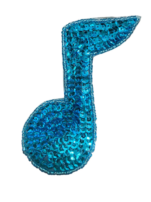 Musical Single Note Appliqué  - Turquoise Sequins - Glass Beads 4" x 3"