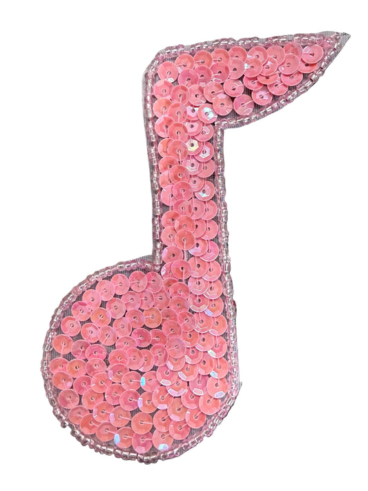 Musical Single Note Appliqué - Pink Sequins - Glass Beads 4" x 3"