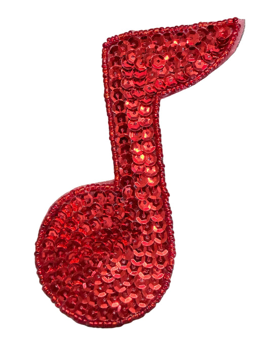 Musical Single Note Appliqué - Red Sequins Glass Beads 4" x 3"