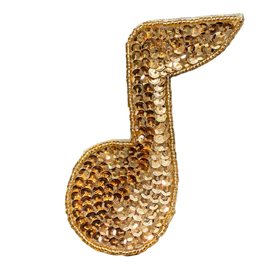 Musical Single Note Appliqué - Gold Sequins - Glass  Beads 4” x 3”