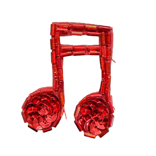 Musical Double Note Appliqué - Red Sequins - Glass Beads 1.75" x 1.5"