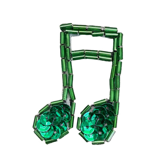 Musical Double Note Appliqué - Emerald Green Sequins - Glass Beads 1.75" x 1.5"