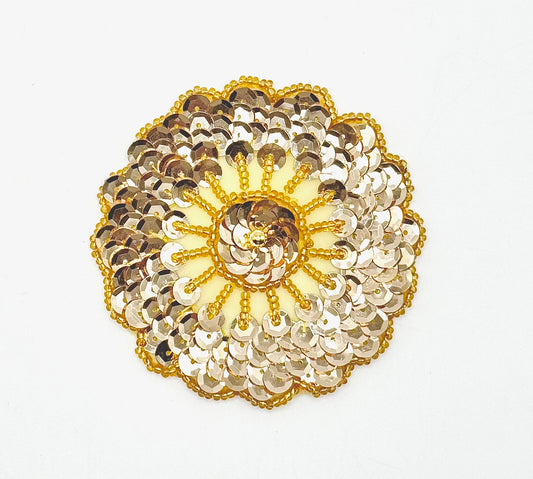 Round Handmade Flower Motif Appliqué with Gold Sequins and Beads 3" x 3"