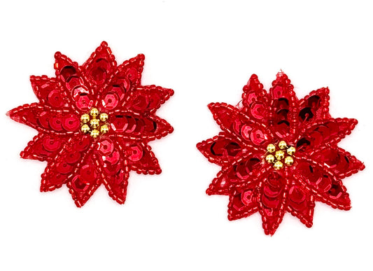 Handmade Poinsettia Flower Sequin and Bead Appliqué Pair with Red Sequins Gold Beads 2" x 2"