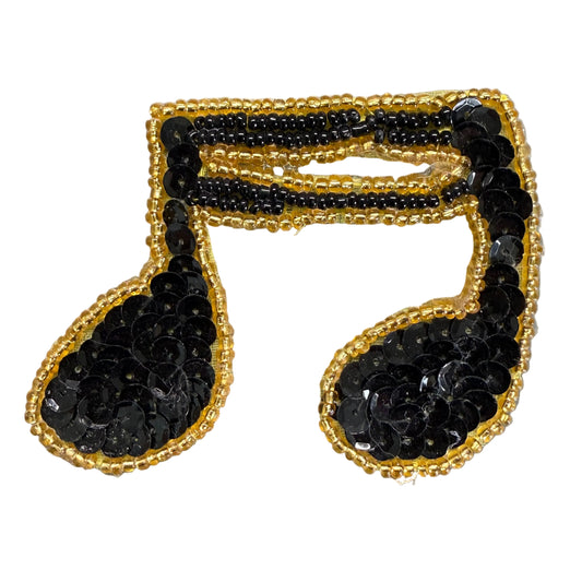 Musical Double Note Appliqué - Black Sequins - Gold Glass Beads - Pre-Glued  3" x 2.25"