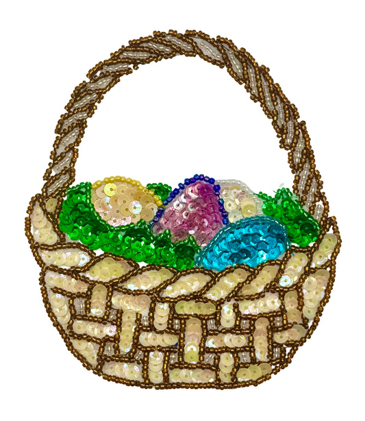 Handmade Easter Egg Basket Appliqué  with Multi Colored Sequins and Beads 5" x 4.5"