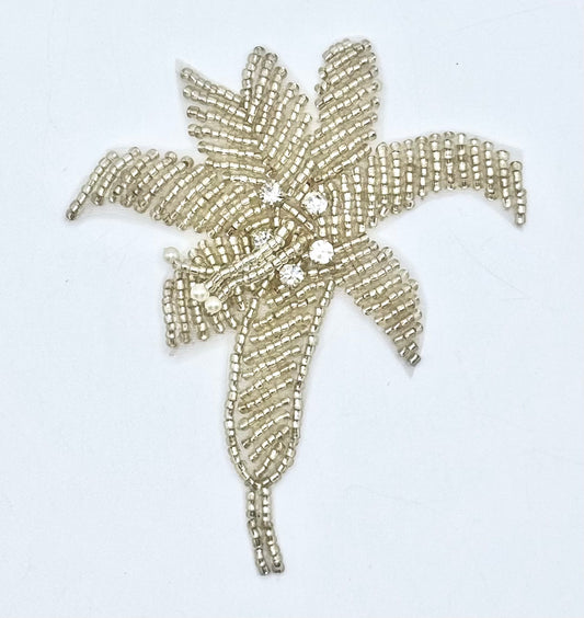 Handmade Vintage Flower Appliqué  with silver Beads and 5 Clear Rhinestones and 3 Pearls 3.5" x 3"