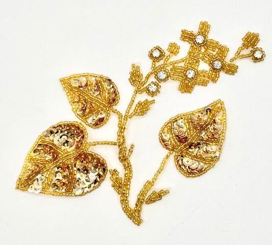 Handmade Vintage Beaded Flower Appliqué with Gold Sequins, Beads and Clear Rhinestones 5" x 5.5"