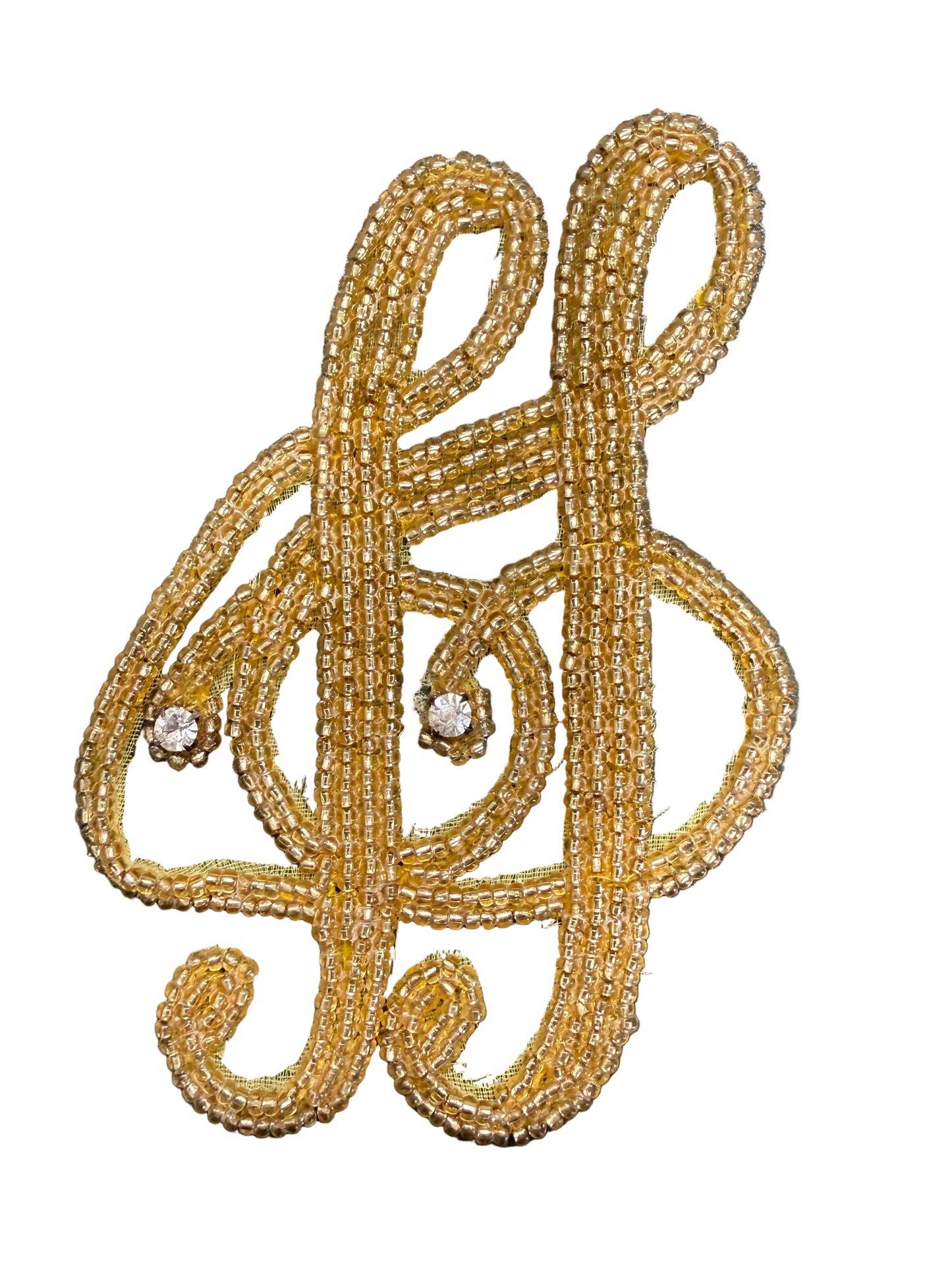 Musical Double Treble Clef - Gold Glass Beads - Rhinestones 4" x 2.75"