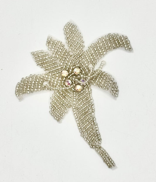 Handmade Vintage Flower Appliqué  with silver Beads and 5 AB Rhinestones and 3 Pearls 3.5" x 3"