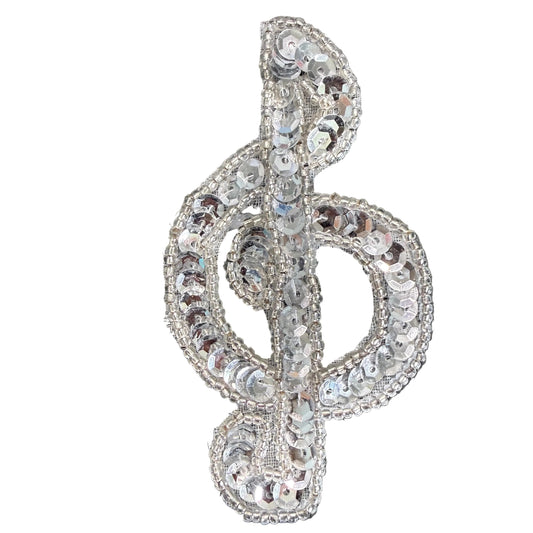 Musical Treble Clef Appliqué - Silver Sequins - Glass Beads  3.5" x 2"