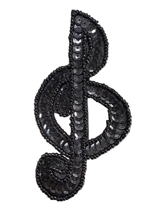 Clave de Sol Lentejuelas Negras y Cuentas 10,16 cm x 5,08 cm