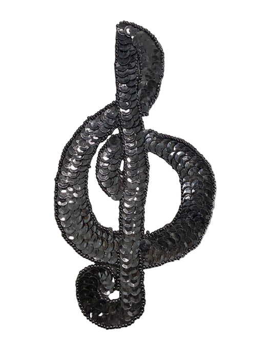 Musical Treble Clef Appliqué - Black Sequins - Glass Beads 7" x 3.5"