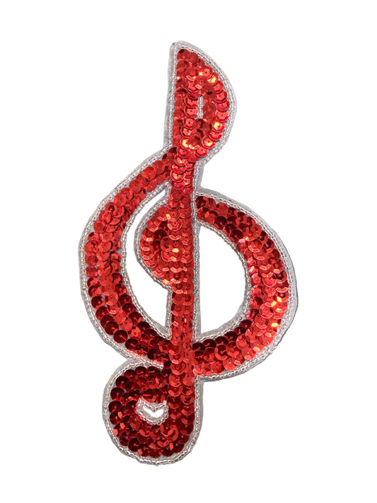 Clave de sol con lentejuelas rojas cóncavas y abalorios plateados 7.25" x 3.5"
