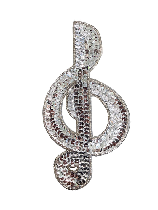 Musical Treble Clef Appliqué - Silver Sequins - Glass Beads 7.25" x 4"