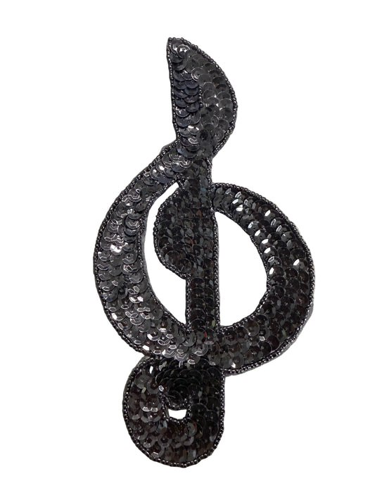 Musical Treble Clef Appliqué - Black Sequins - Glass Beads 7.5" x 4"