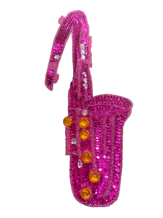 Saxofón Lentejuelas Fucsias y Cuentas Doradas 13" X 6"
