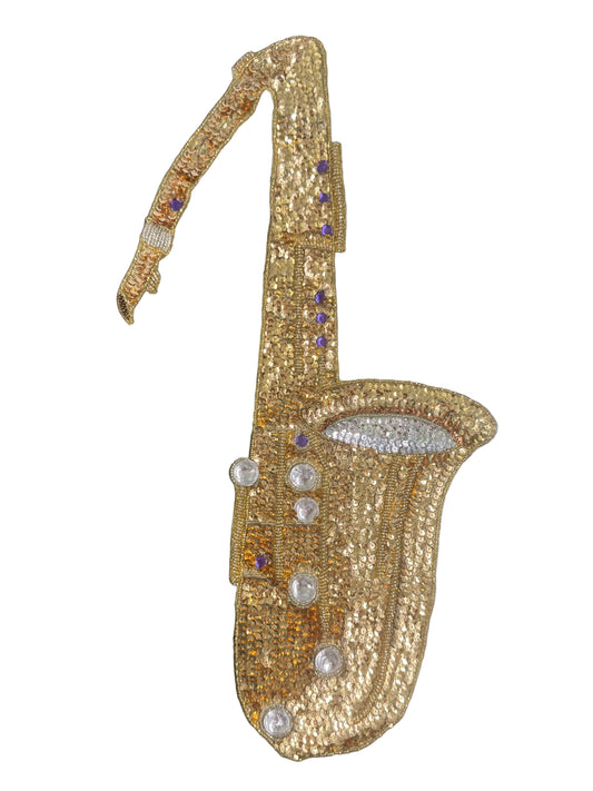 Handmade Saxophone Appliqué - Gold/Silver Sequins - Glass Beads - Gemstones 19.5" x 12"