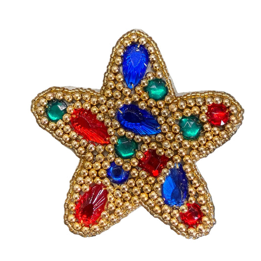 Star Appliqué -Multicolored Acrylic Stones - Choice of Flat or Bright Gold Beads -  3.5" x 3.5"