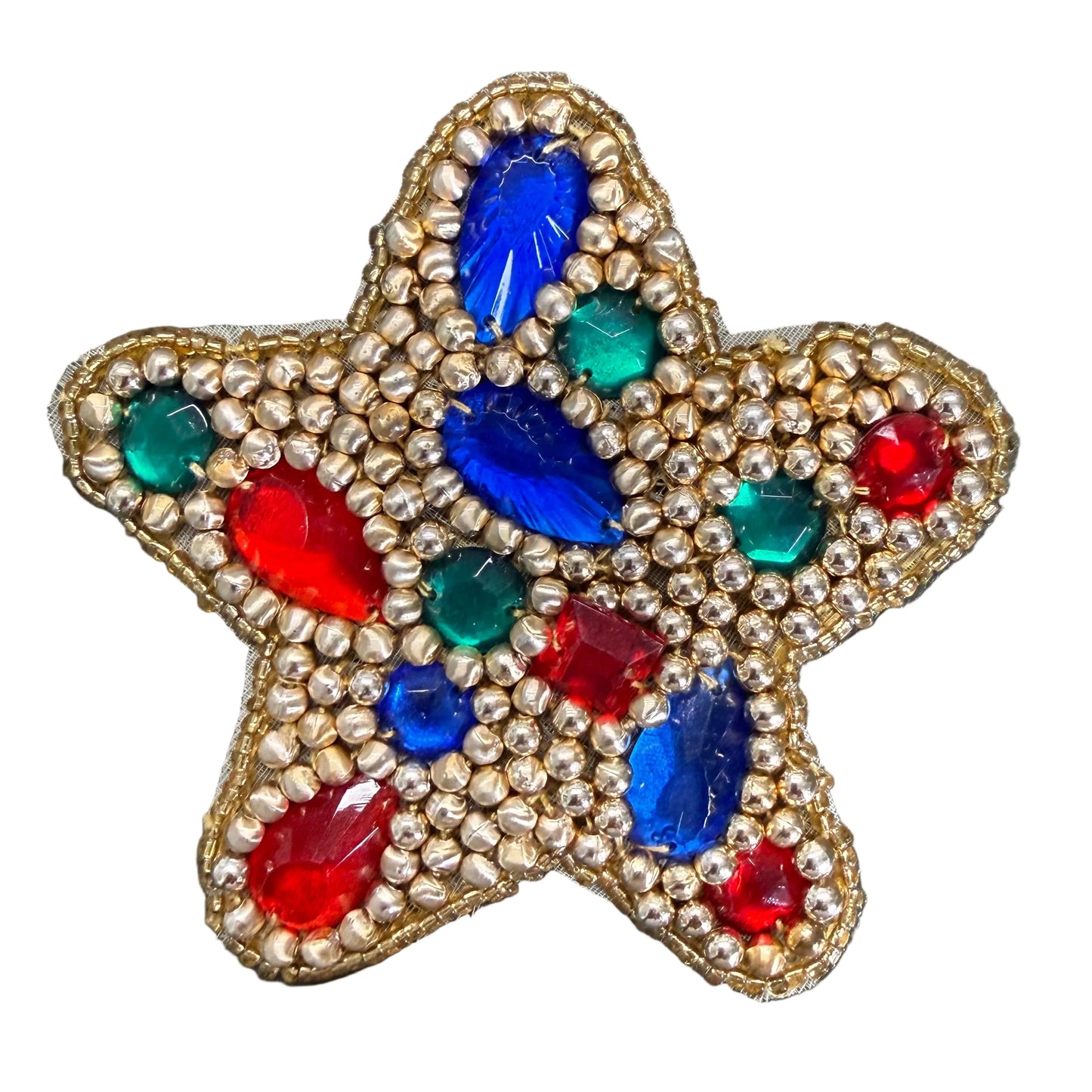 Star Appliqué -Multicolored Acrylic Stones - Choice of Flat or Bright Gold Beads -  3.5" x 3.5"