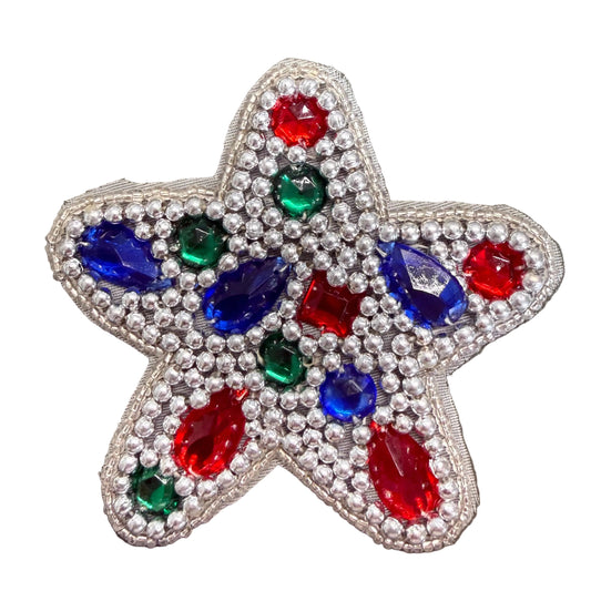 Star Appliqué - Multicolored Acrylic Stones - Silver Beads 3.75"