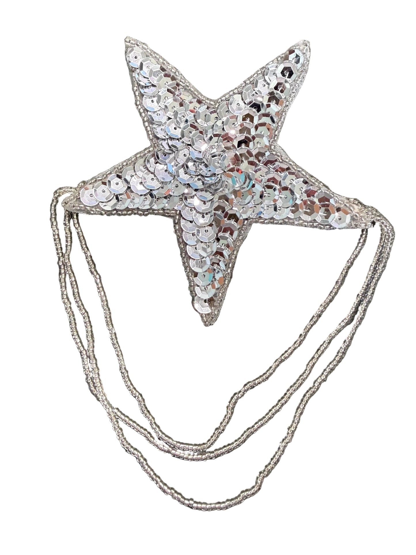 Comprobado - Estrella con lentejuelas plateadas y cuentas colgantes 3.5"an. x 6"L