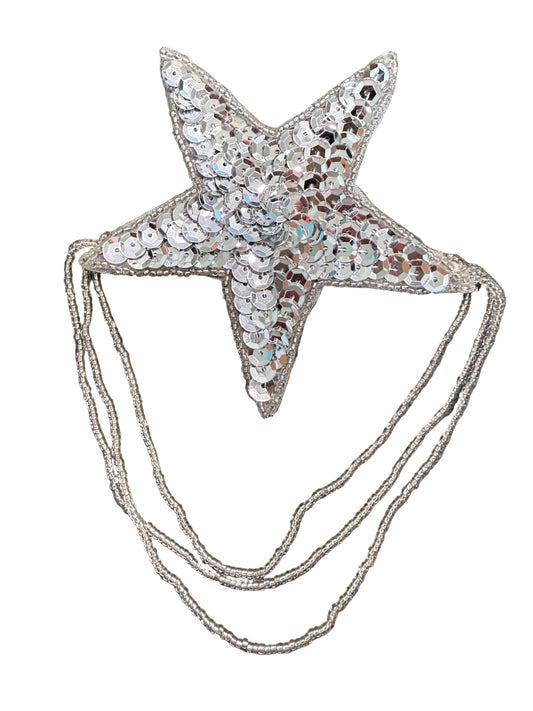 Comprobado - Estrella con lentejuelas plateadas y cuentas colgantes 3.5"an. x 6"L
