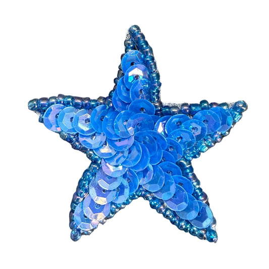 Star Appliqué - Iridescent Royal Blue Sequins - Multicolored Glass Beads 1.5" x 1.5"