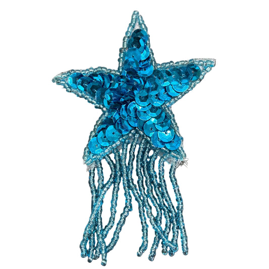 Star Appliqué with Fringe - Turquoise Sequins - Glass Beads 4.5" x 2.5"