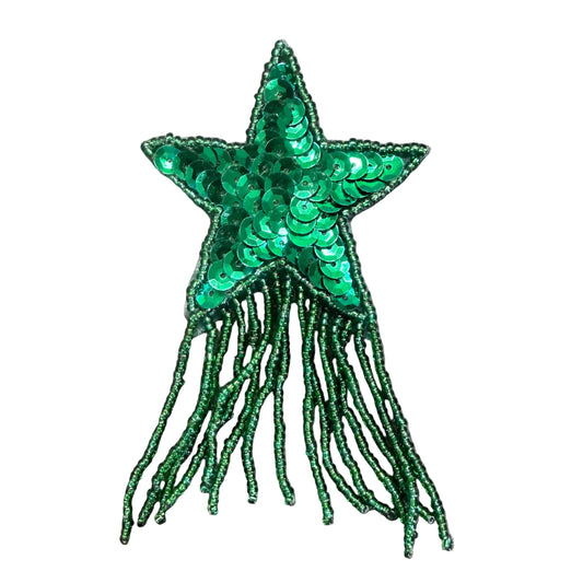 Lentejuelas y abalorios verdes de estrella con flecos, 2.5" x 4"