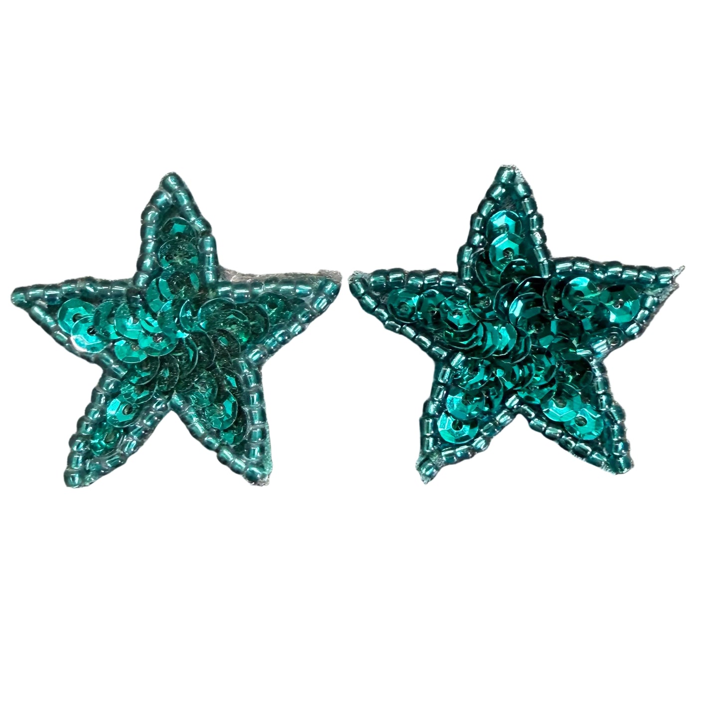 Star Appliqué - Teal Green Sequins - Glass Beads - Pre- Glued - Choice of Single or Pair  1.5"