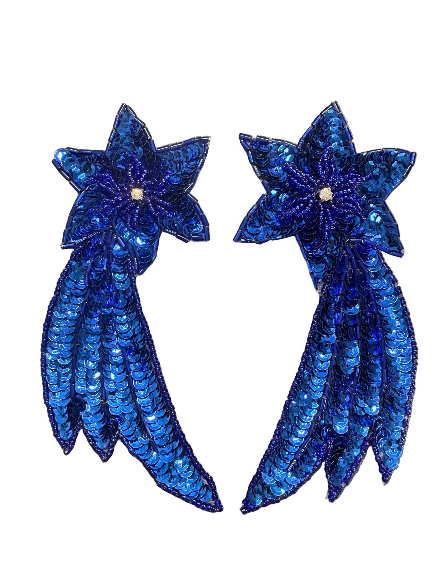 Estrella fugaz en par con lentejuelas azul real y pedrería AB de 5.5" x 3"