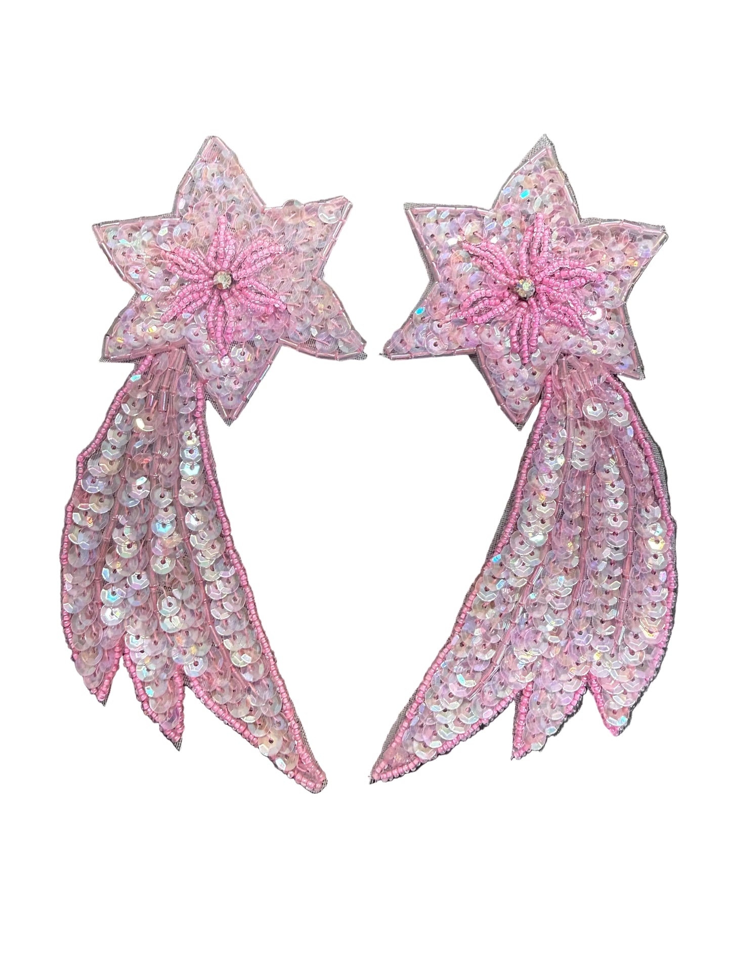 Shooting Star Pair Appliqué -  Iridescent Pink Sequins - Glass Beads - AB Rhinestones  5.75" x 3"