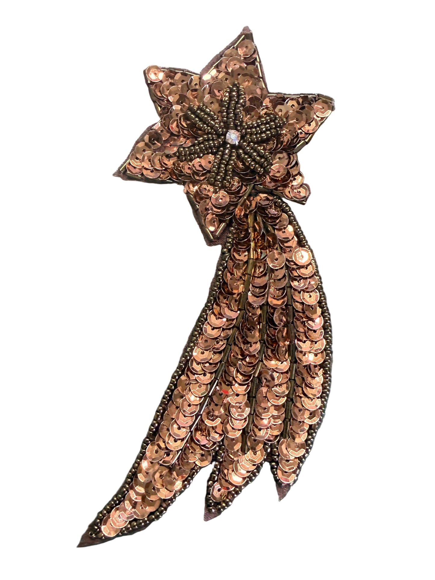 Shooting Star Appliqué -  Bronze Sequins - Glass Beads -  AB Rhinestone - Choice of a Pair or Single 5.75" x 3"