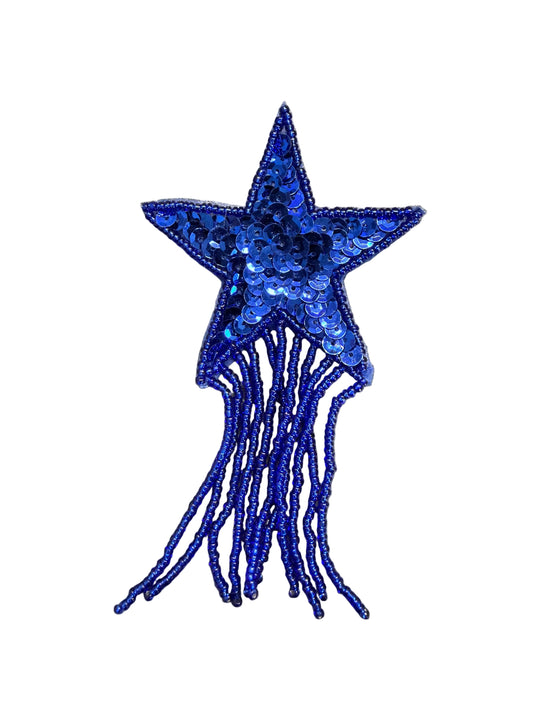 Star Appliqué - Blue Sequins - Glass Beads - Beaded Tassel 4.25 x 2.5