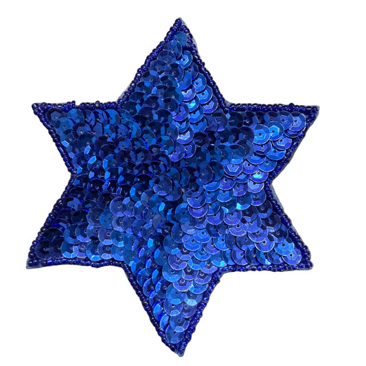Hexagram Star Appliqué - Royal Blue Sequins - Glass Beads 4"