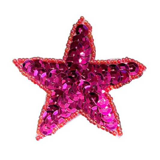 Star Appliqué - Fuchsia Sequins - Iridescent Red Glass Beads Choice of size 1.5", 2.5", or 3"