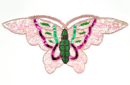 Butterfly Appliqué  with Pink, Green and Fuchsia Sequins and Beads and Rhinestone Eyes 10.25" x 4.75"
