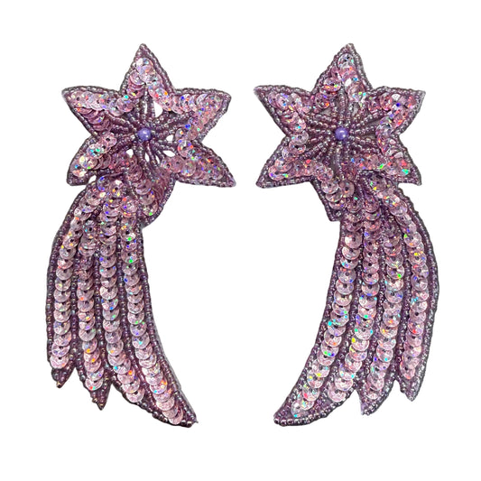 Par de estrellas con foco láser malva morado, lentejuelas y colas de 4.5" x 2.5"