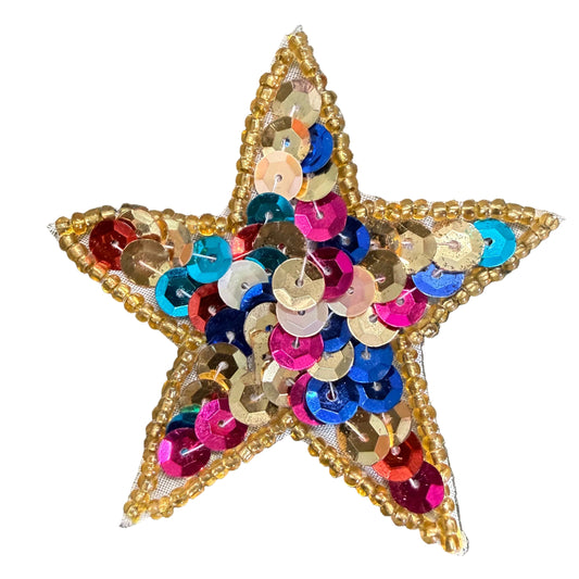 Star Appliqué - Multicolored Sequins - Gold Glass Beads 2.75"