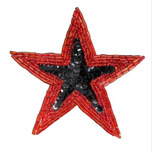 Star Appliqué - Black Sequins - Rusty Orange Bugle and Glass Beads 4"