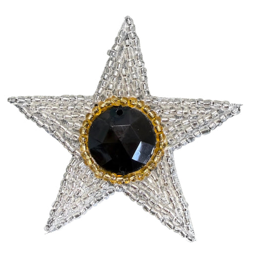 Star Appliqué - Silver & Gold Glass Beads - Black Center Stone 2.25"