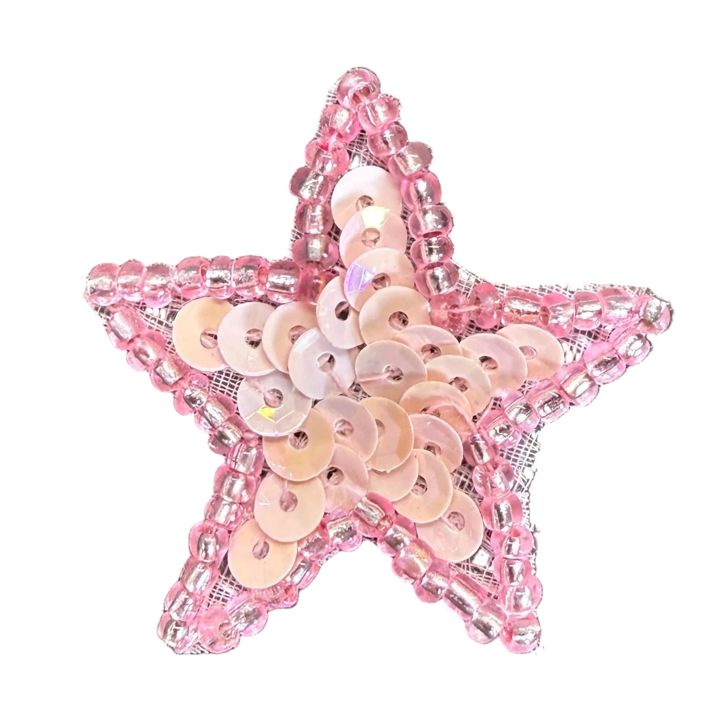 Star Appliqué  -Linen/Pink Sequins - Pink Glass Beads 1.25"