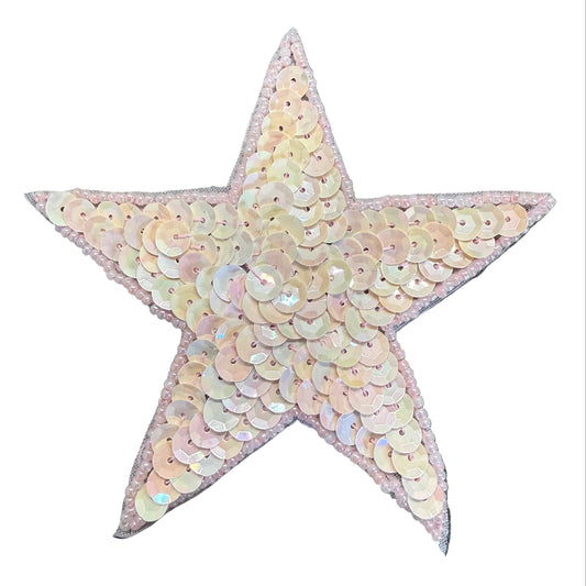Star Appliqué - Iridescent Beige Sequins - Pink Glass Beads 4"