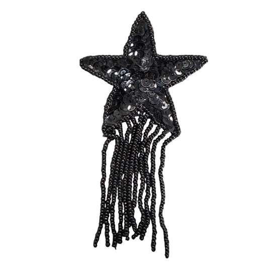 Estrella con lentejuelas negras y flecos negros de cuentas de 6.35 x 10.16 cm