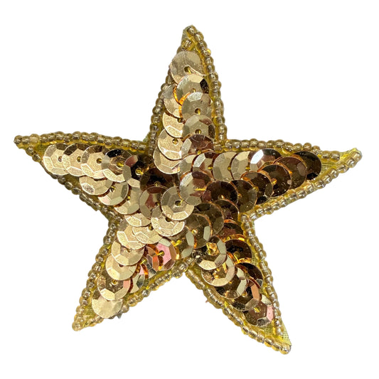 Star Appliqué - Gold Sequins - Glass Beads - Pre-Glued Backing 2.5"