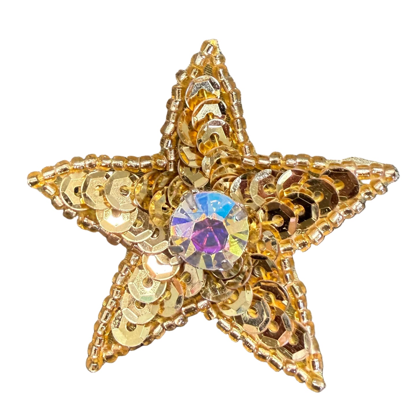 Star Appliqué -Gold Sequins - Glass Beads -Large AB Rhinestone Custom Made 2"
