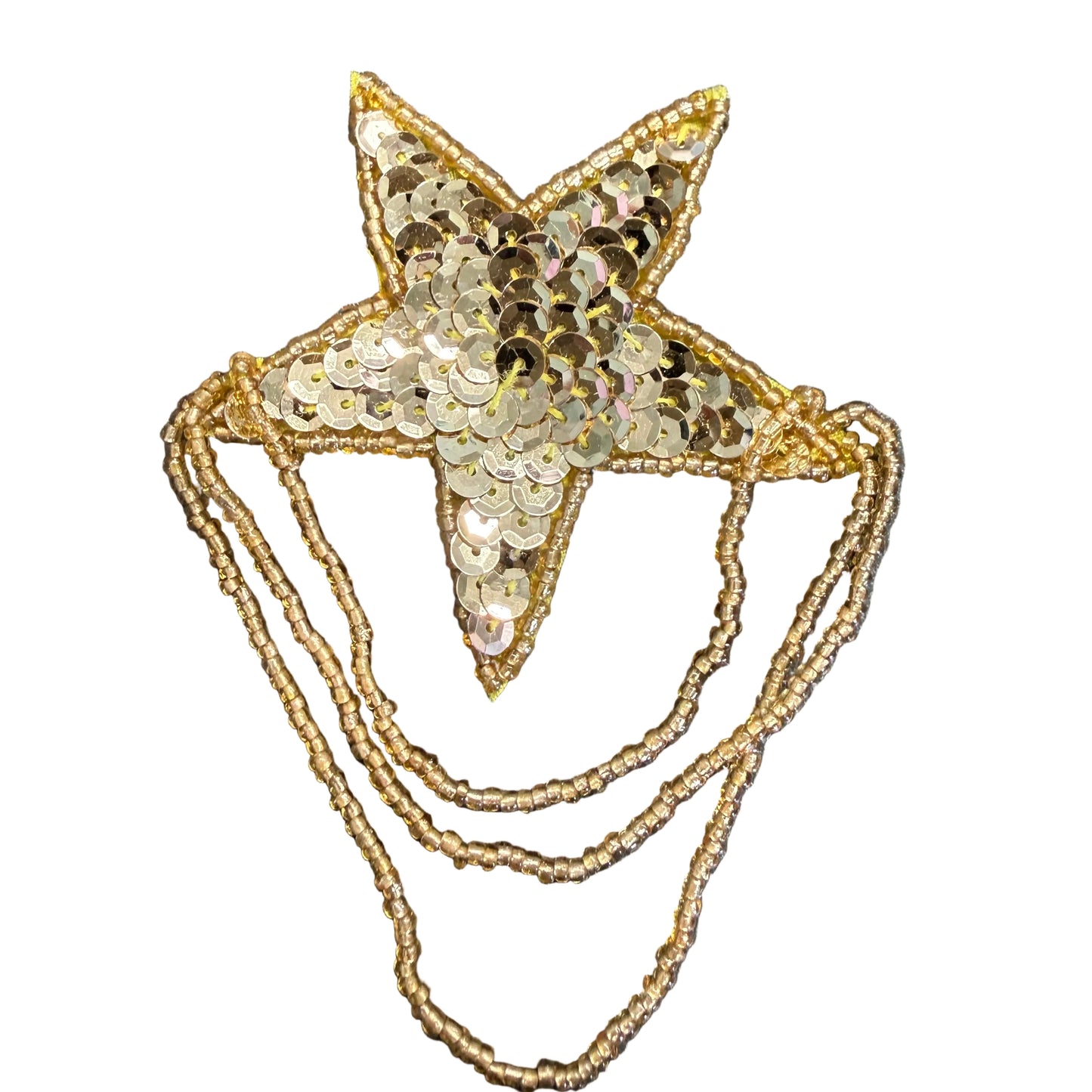 Star Appliqué with Hanging Bead Trim - Gold Sequins - Glass Beads - Pre-Glued Backing or Regular Backing 4" x 3"