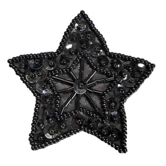 Star Appliqué - Jet Black Sequins - Glass and Bugle Beads 2.75"